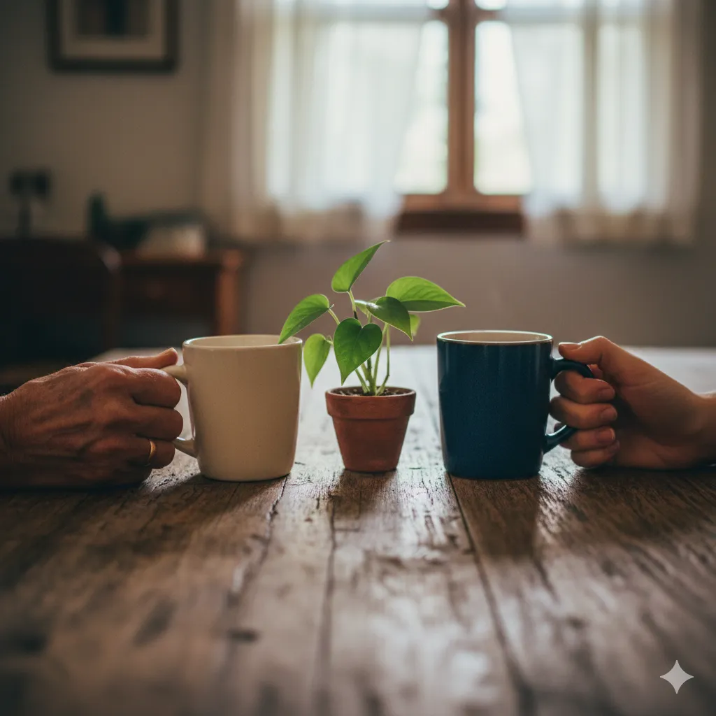 A younger hand and older hand near each other with a plant in between
