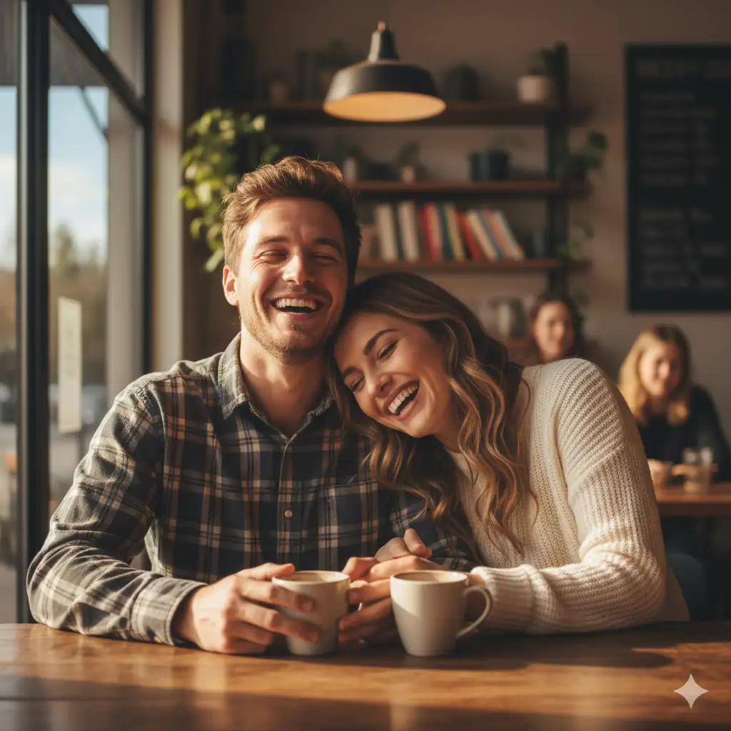 A couple laughing together, enjoying genuine connection