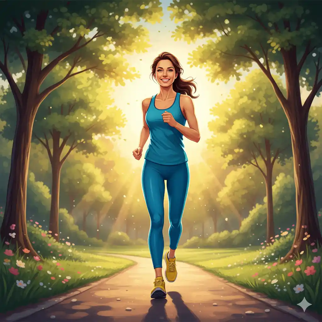 Person jogging in park at sunrise promoting heart health