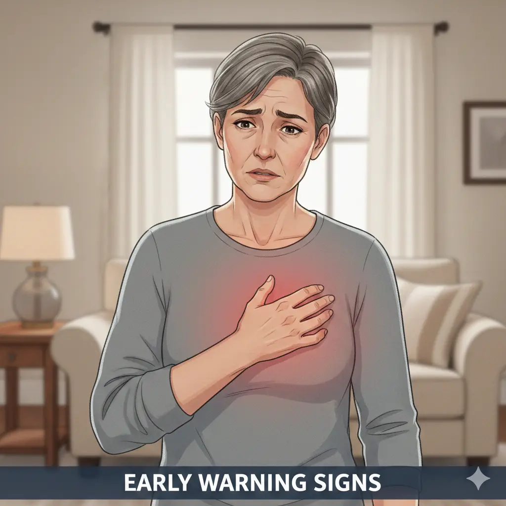 Person experiencing early chest discomfort as a heart warning sign