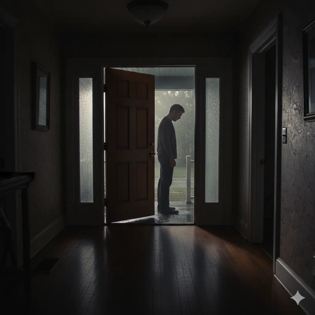 A silhouette of a man standing nervously at a front door