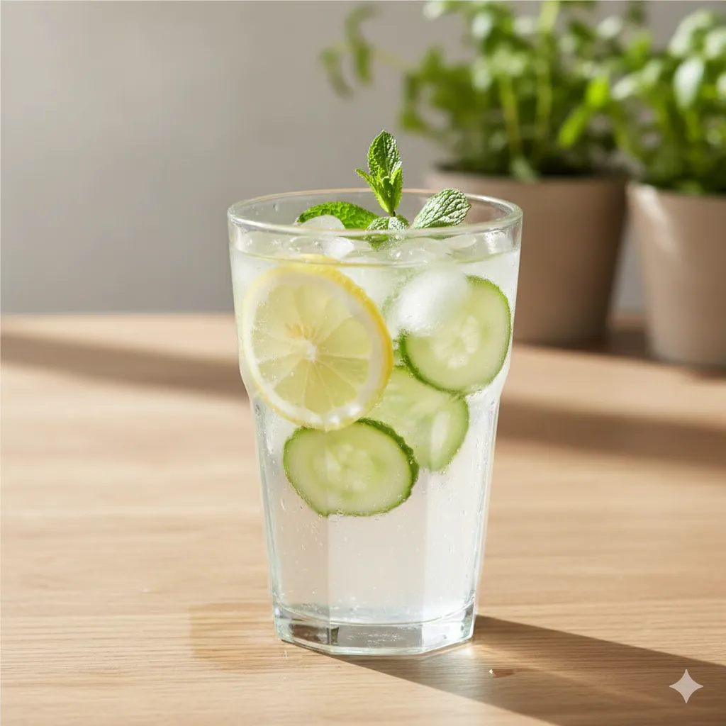 A glass of water infused with lemon, cucumber, and mint.