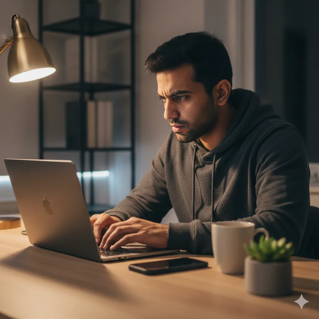 Focused individual working with phone placed aside