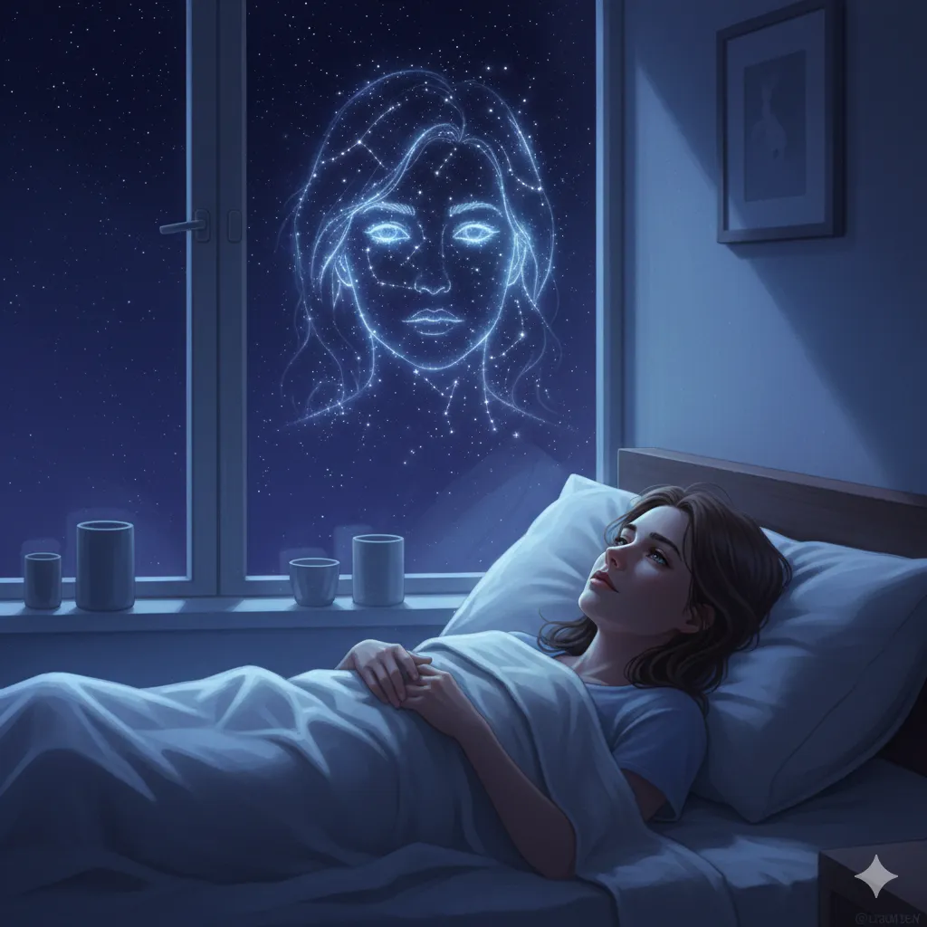 Person awake under moonlight with constellation forming another face symbolizing deep connection