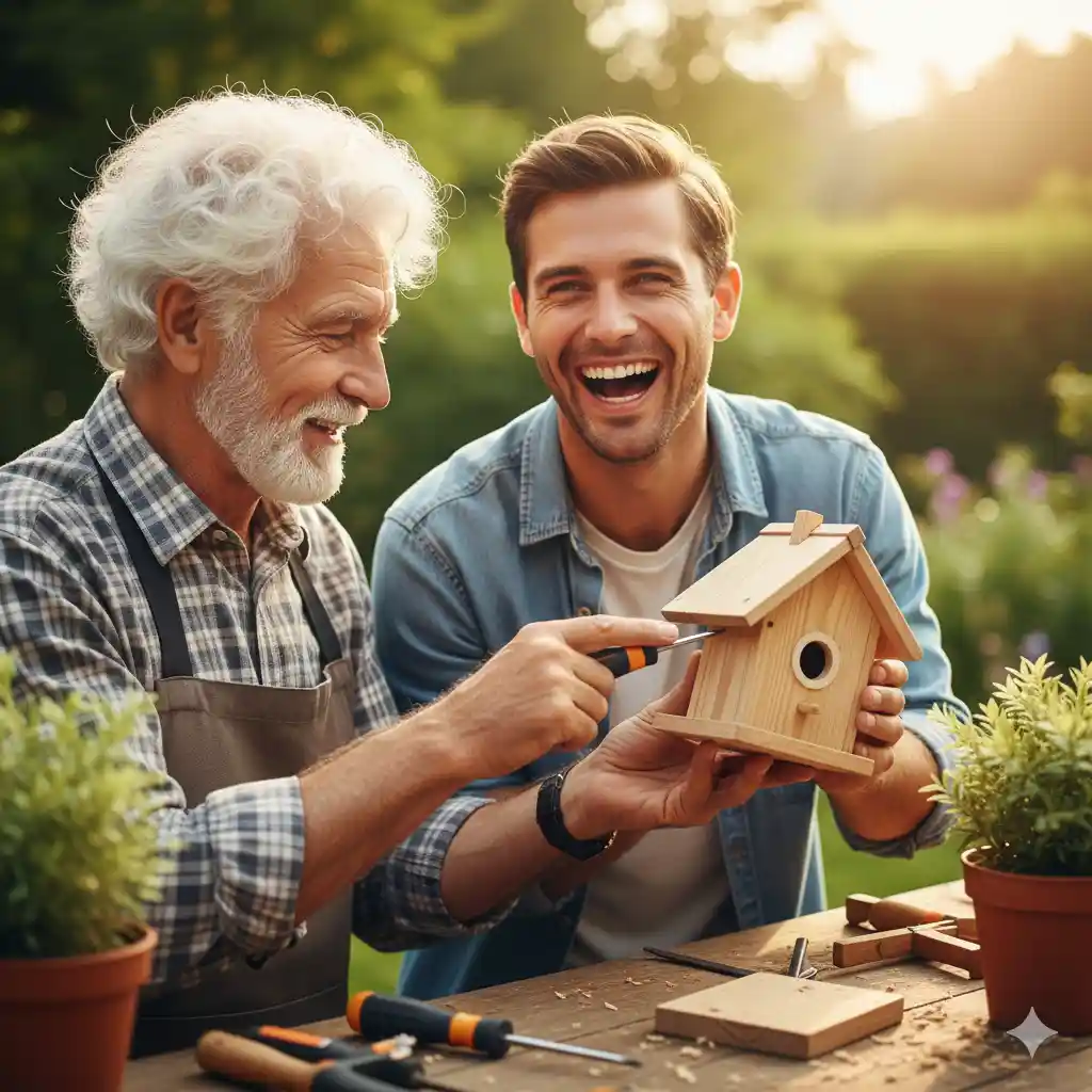 An older man and a young person laughing together during a shared activity