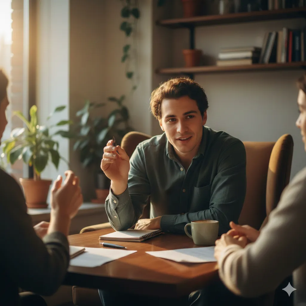 A person engaged in thoughtful discussion at a café interrupting during conversation