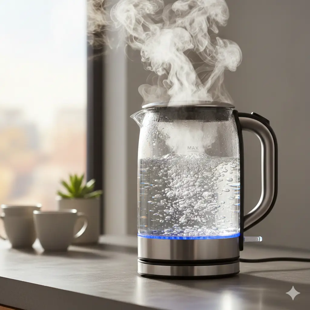 A boiling electric kettle with steam escaping