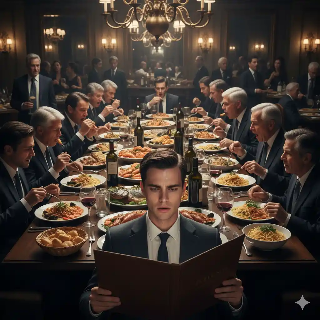 A long table of people ordering expensive food while one man looks isolated