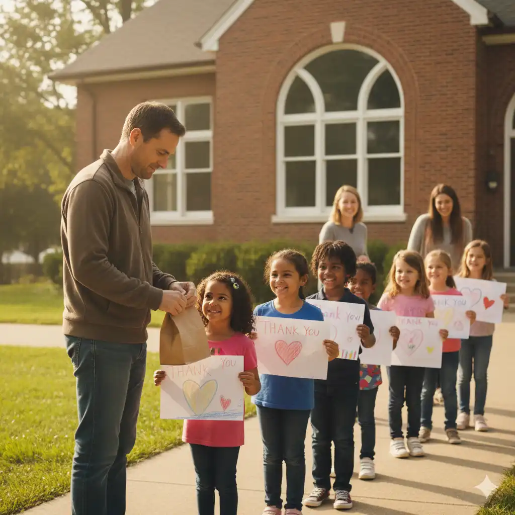 Man handing brown paper lunch bags to children outside community library