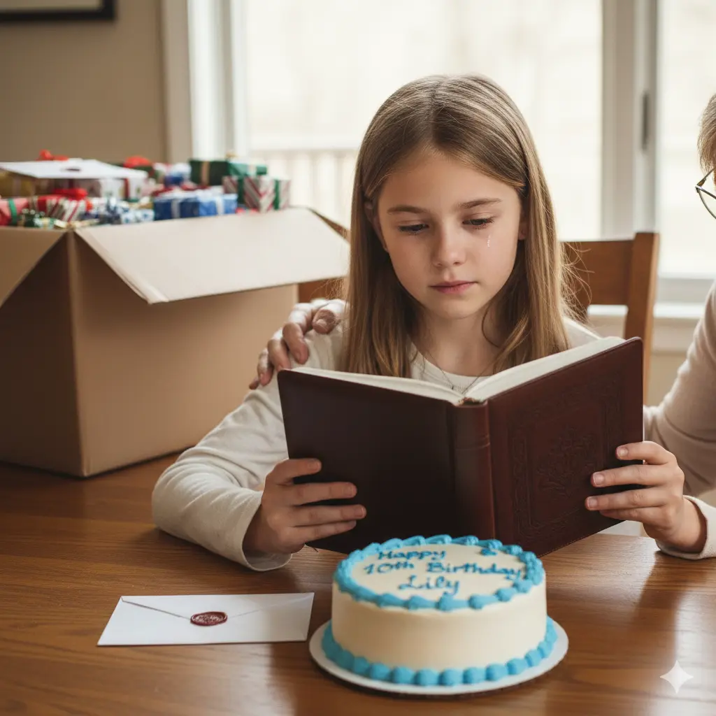 A ten-year-old girl crying tears of bittersweet joy while holding a journal gift from her late mother