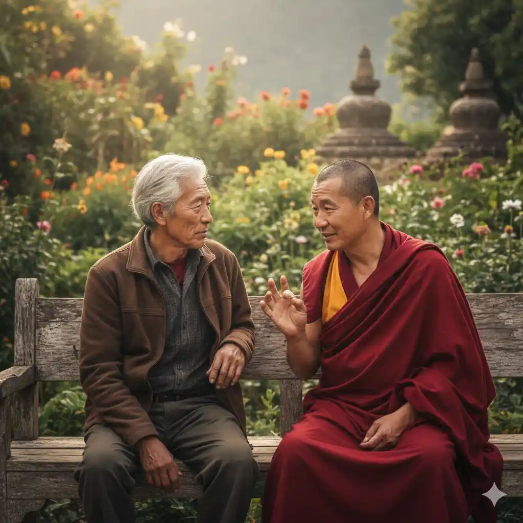Alejandro and Lobsang talking on a bench