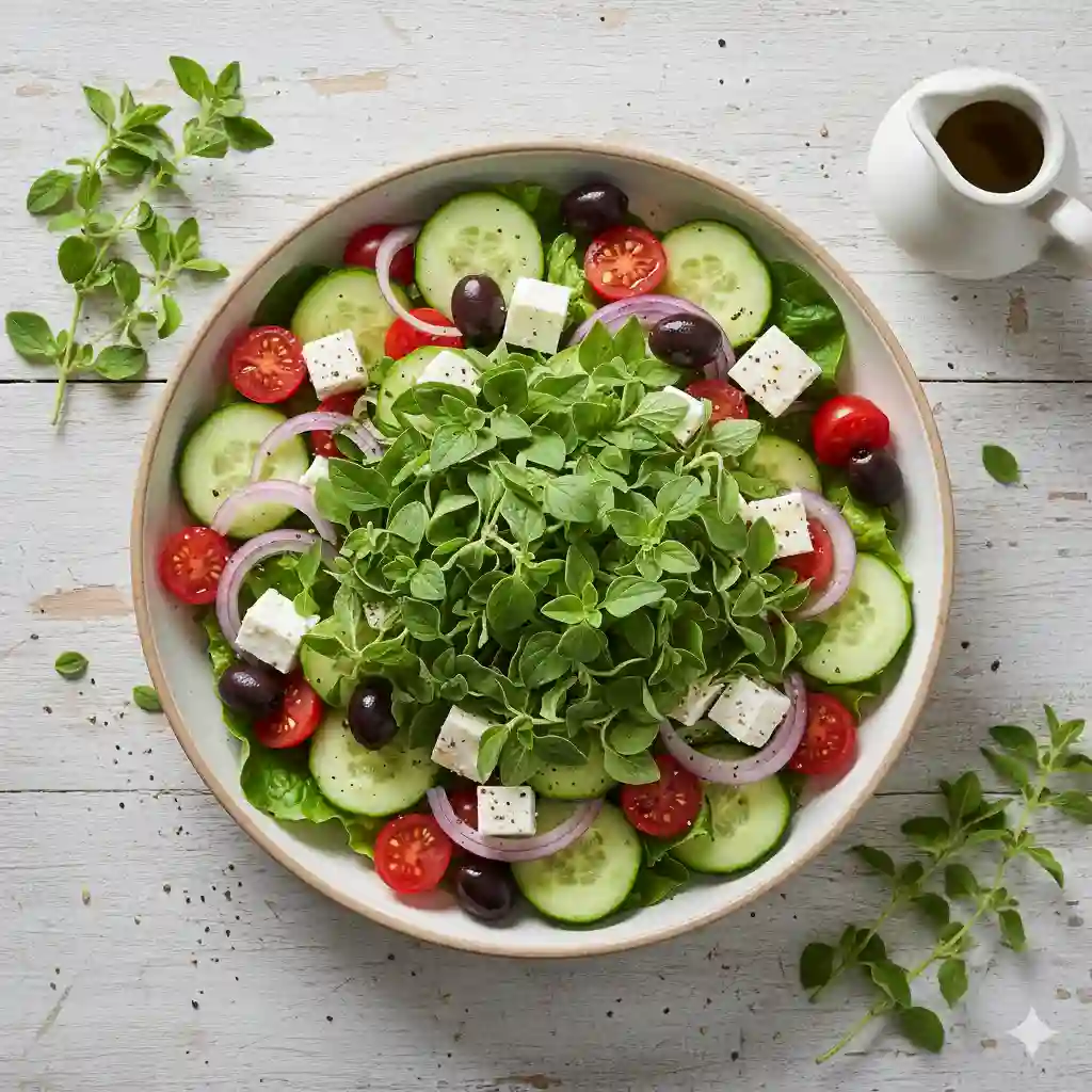 Fresh Mediterranean salad with a heavy garnish of oregano