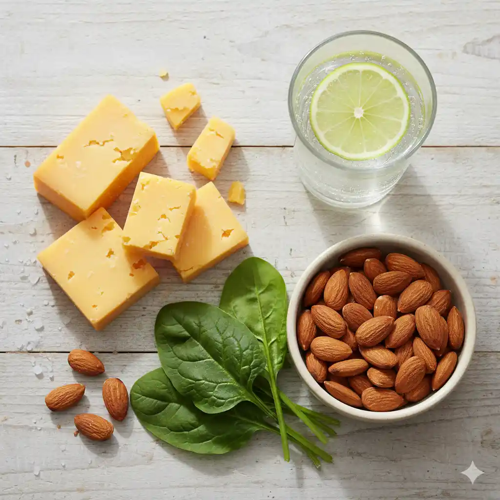 Cheese, almonds, and spinach representing dental nutrition