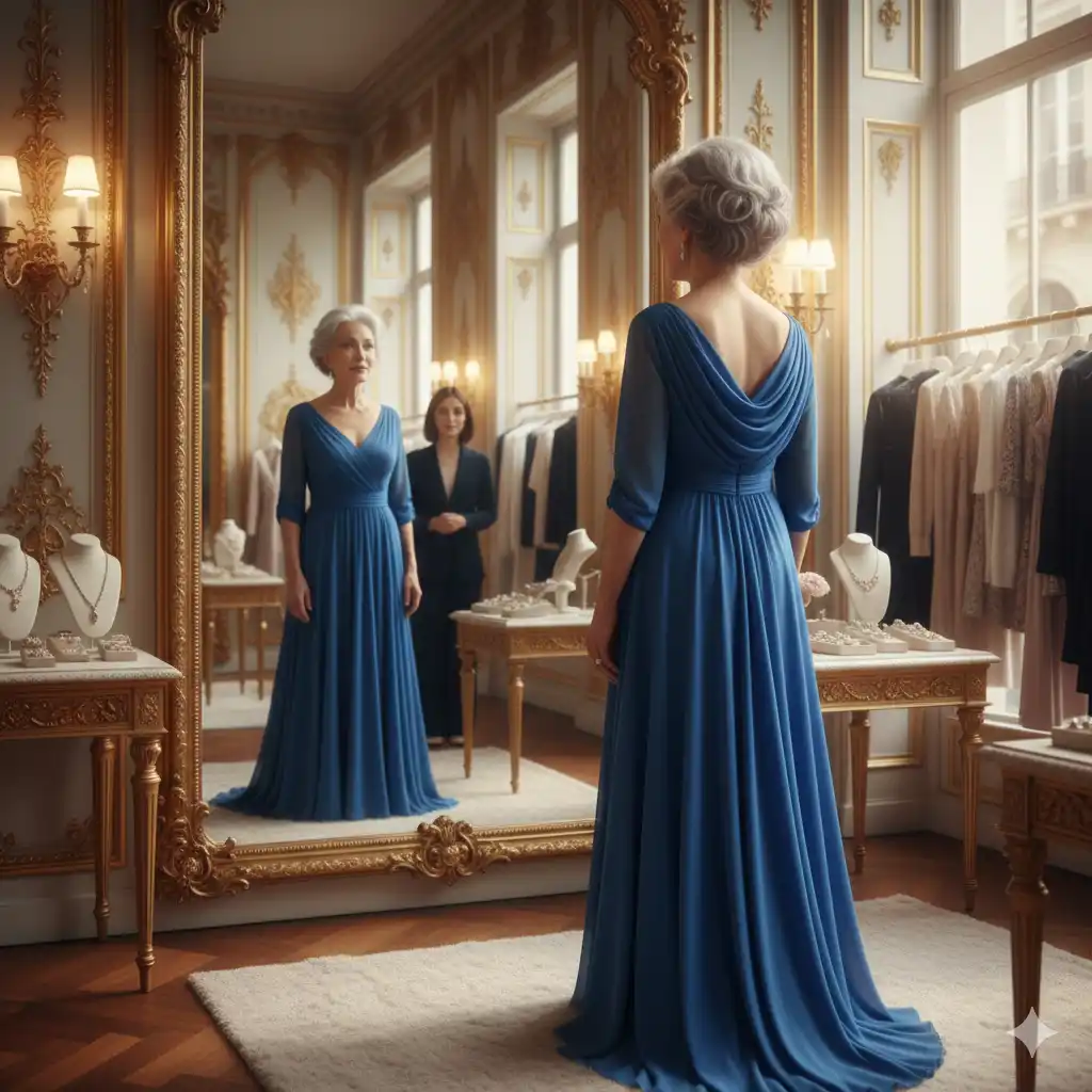Older woman smiling in a blue dress in a mirror