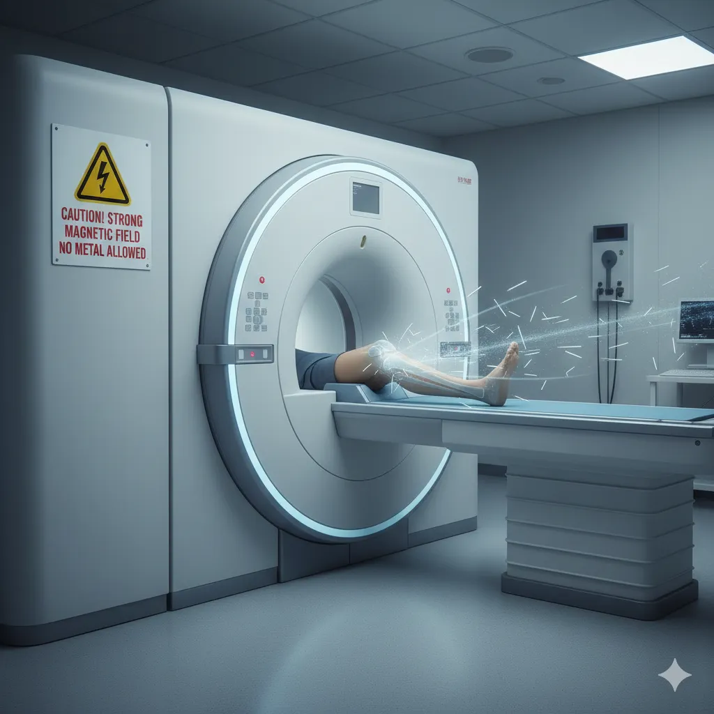 MRI machine with warning sign about metal implants