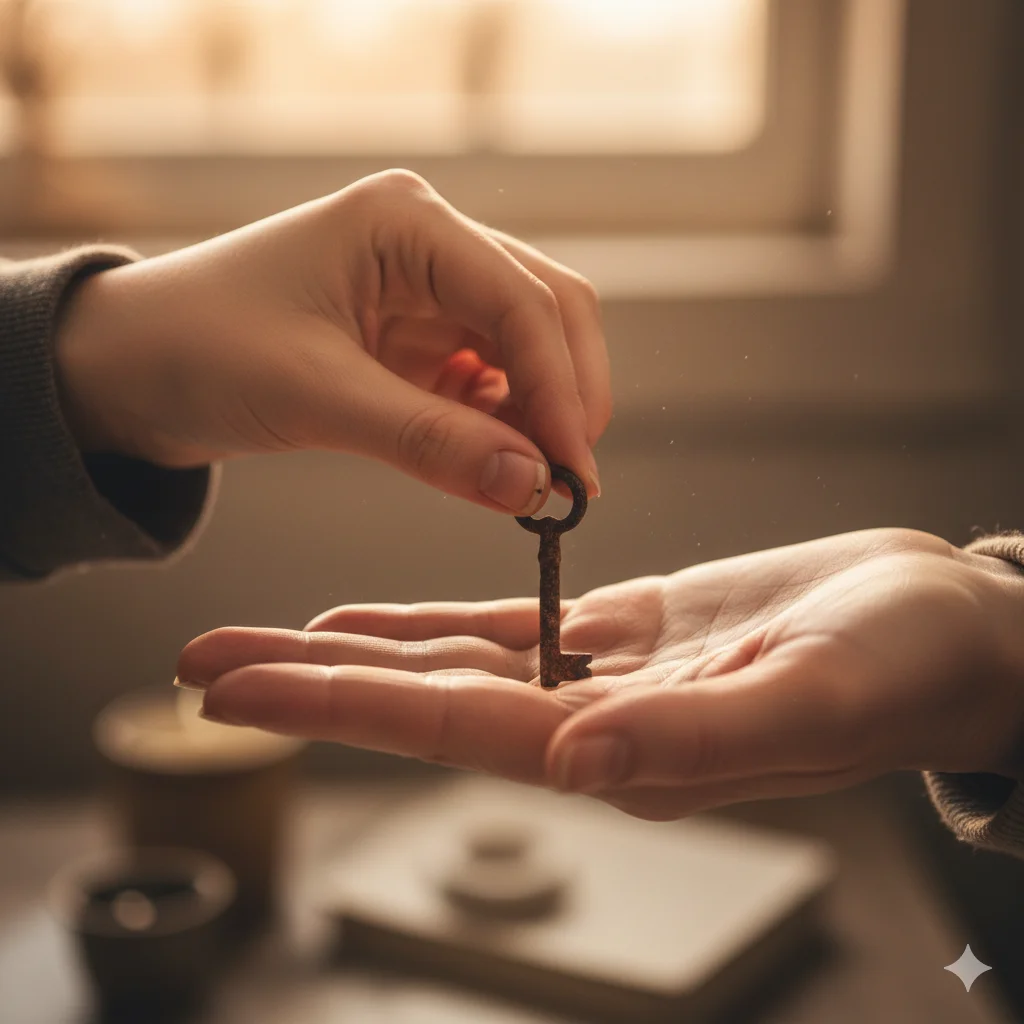 A small rusted key in a hand