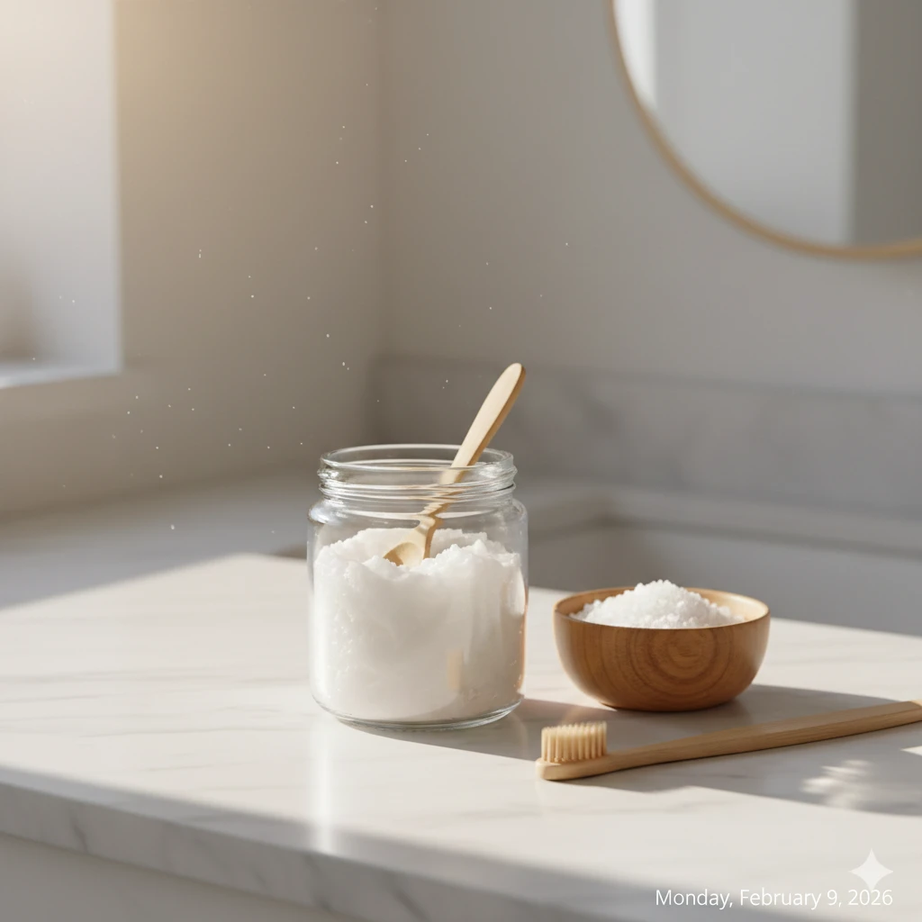 Coconut oil and sea salt next to a bamboo toothbrush