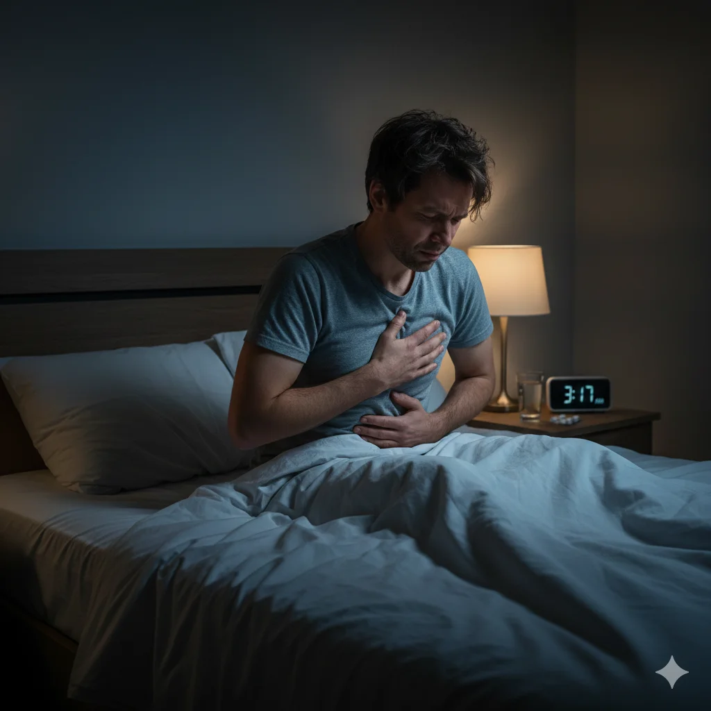 A person in bed experiencing heartburn discomfort