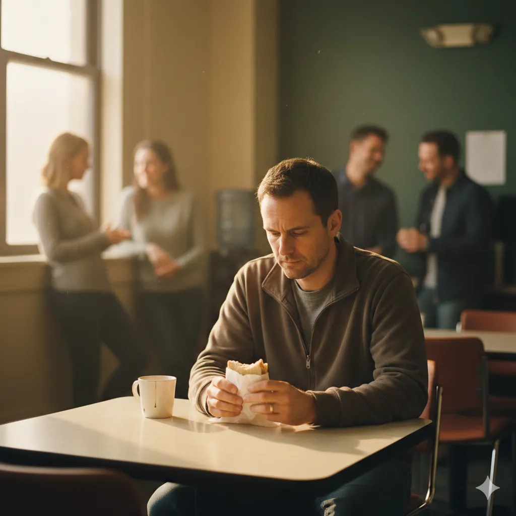 Quiet man eating simple sandwich alone in office breakroom