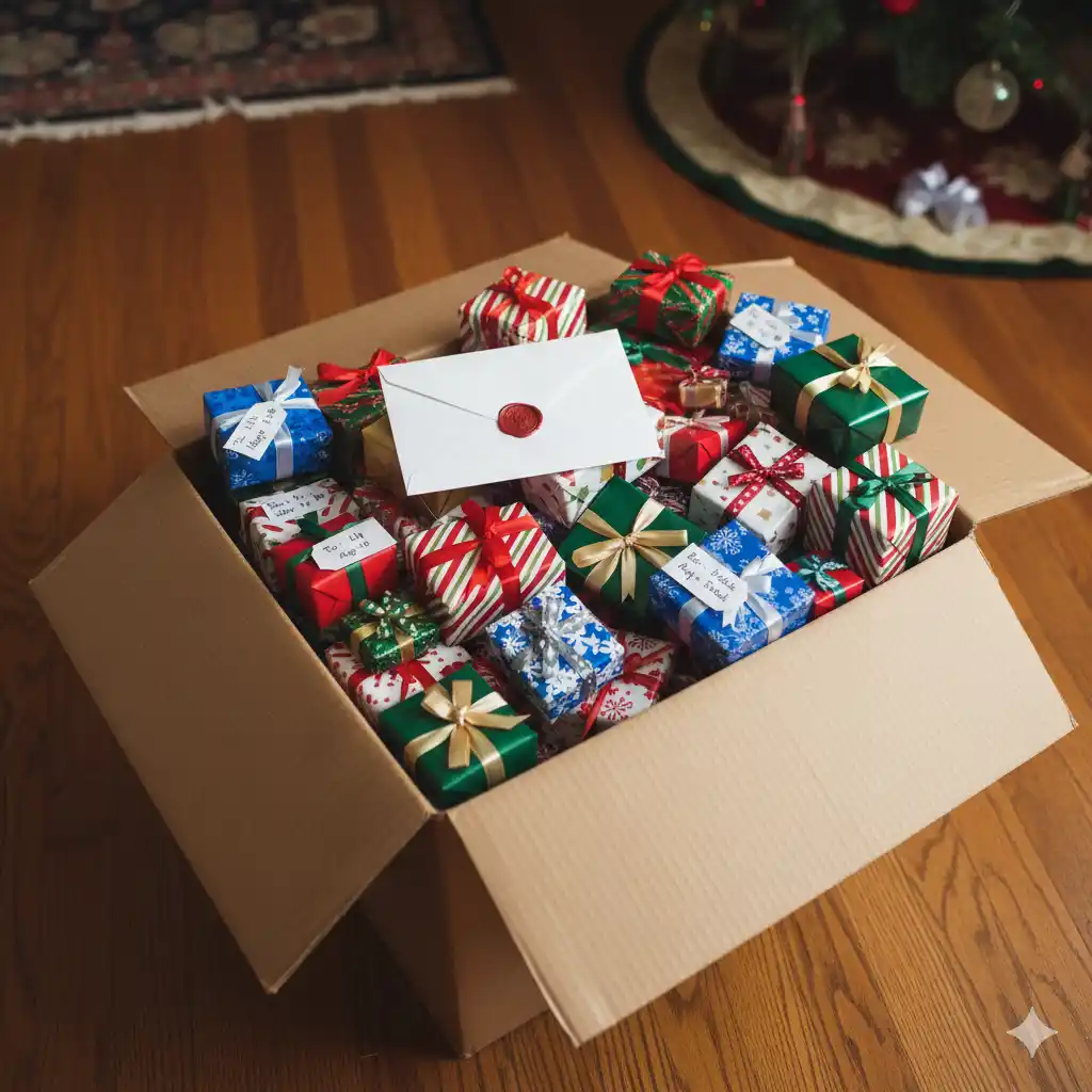 An open large cardboard box filled with many wrapped presents labeled for future life events