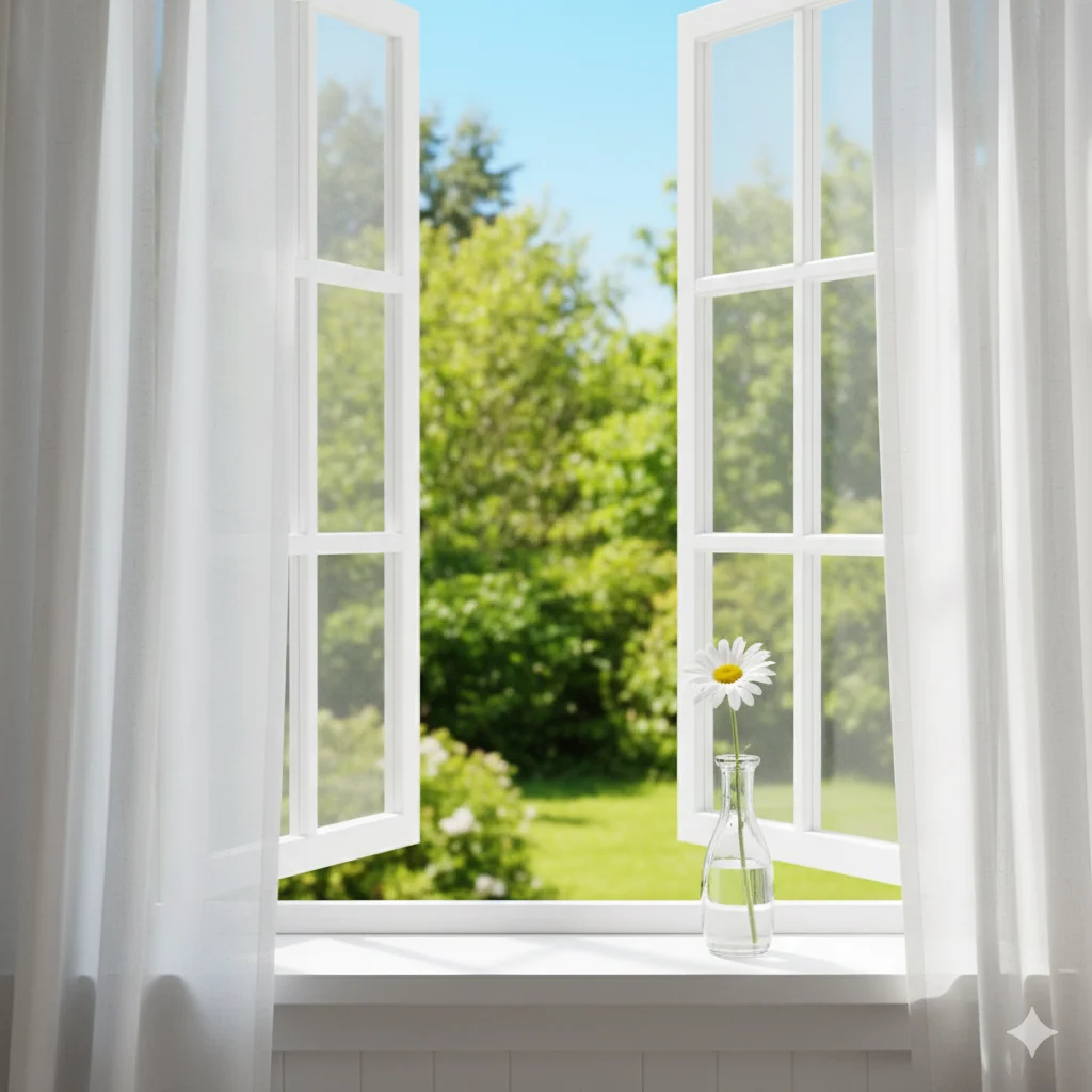 An open window with white curtains blowing in the breeze