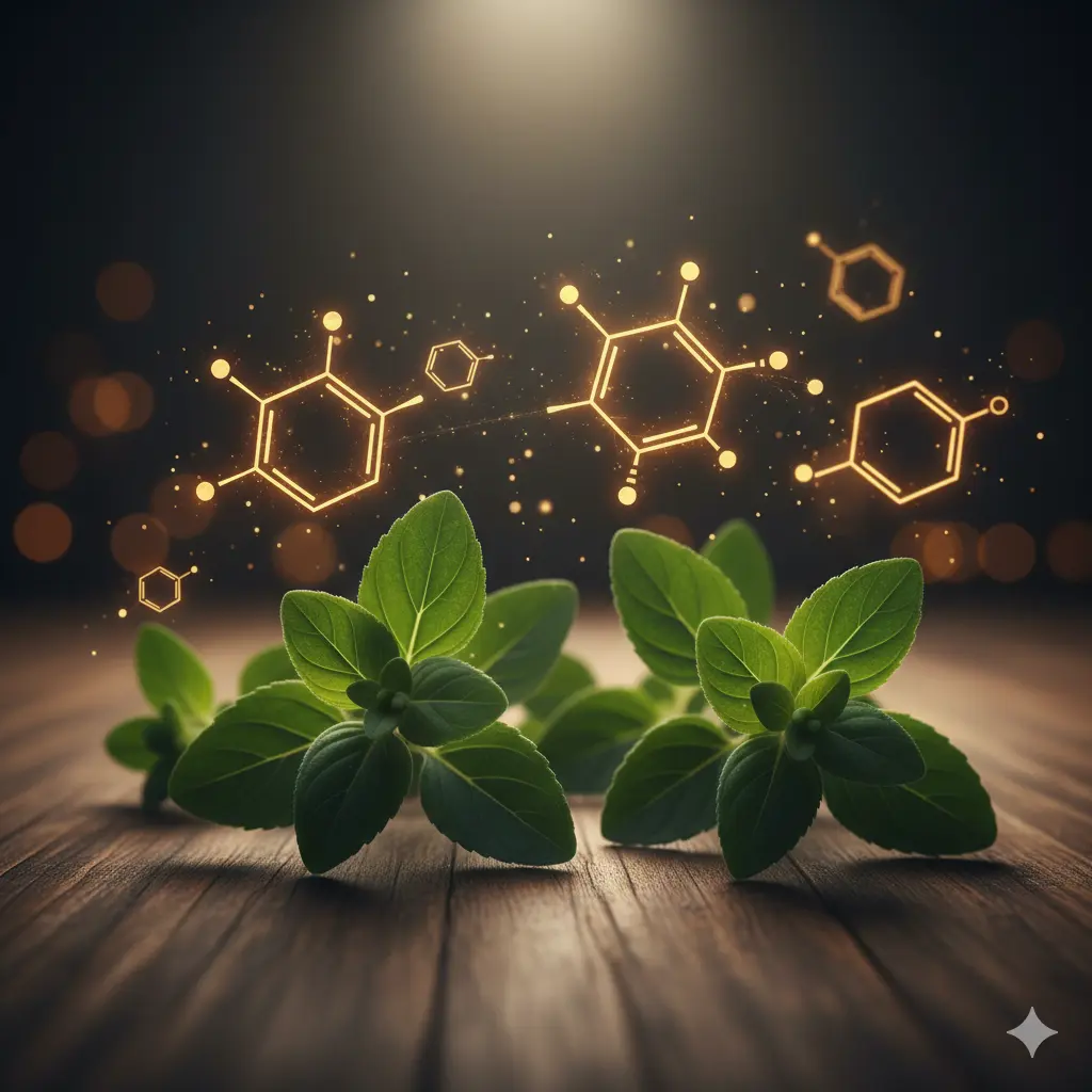 Fresh oregano sprigs with conceptual molecular structures