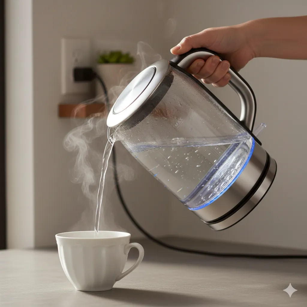 A person safely pouring tea from a clean kettle