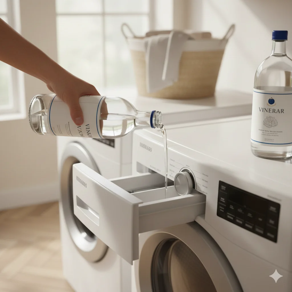 Pouring white vinegar into the washing machine soap drawer