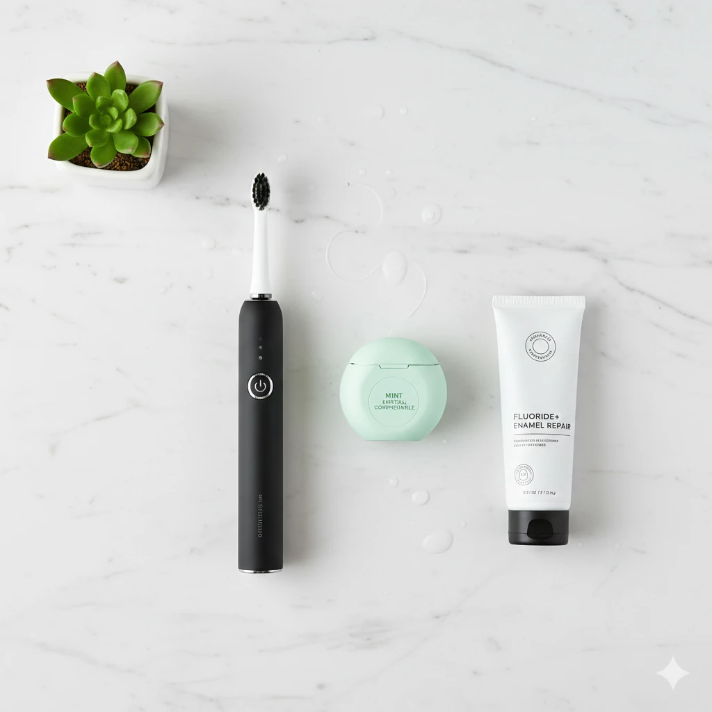 Flat-lay of an electric toothbrush, floss, and fluoride toothpaste