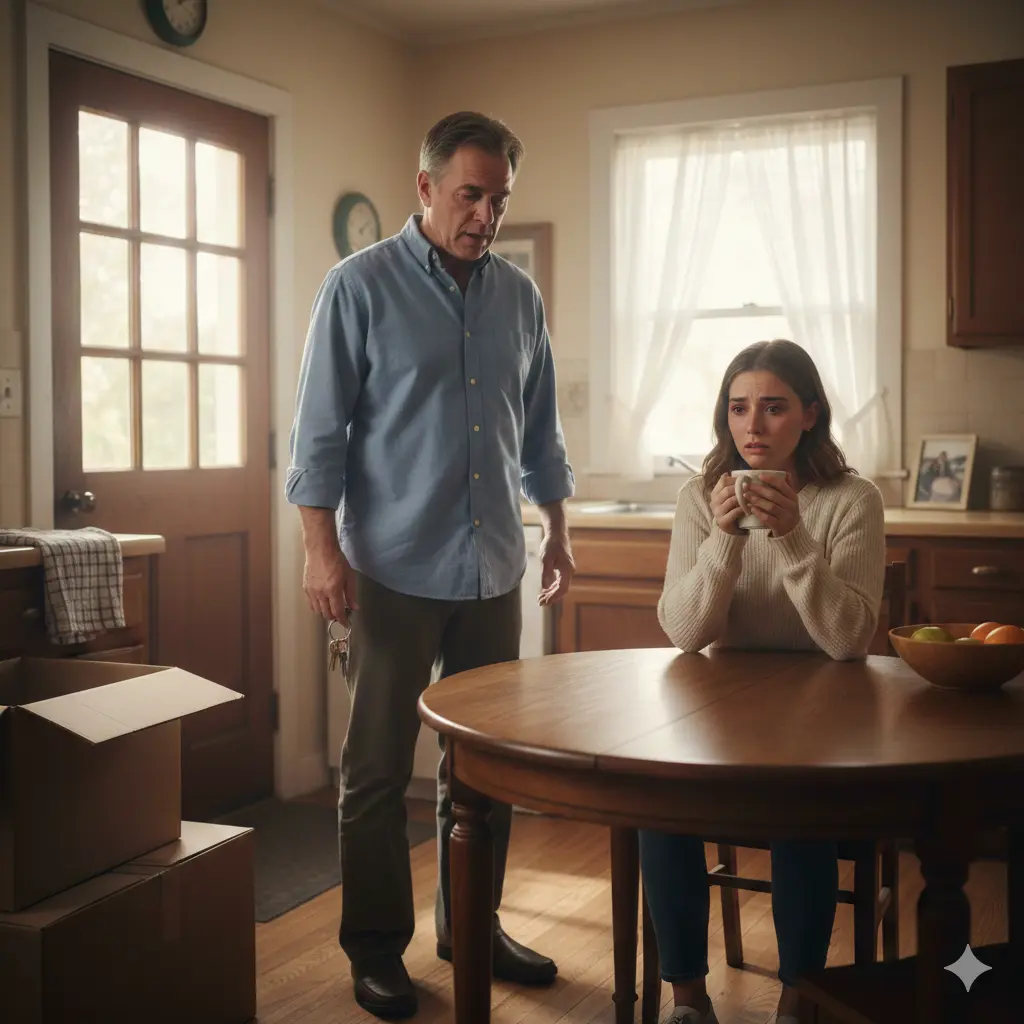 A grieving father in a quiet kitchen speaking to his son’s fiancée holding a coffee mug, both weighed down by loss.