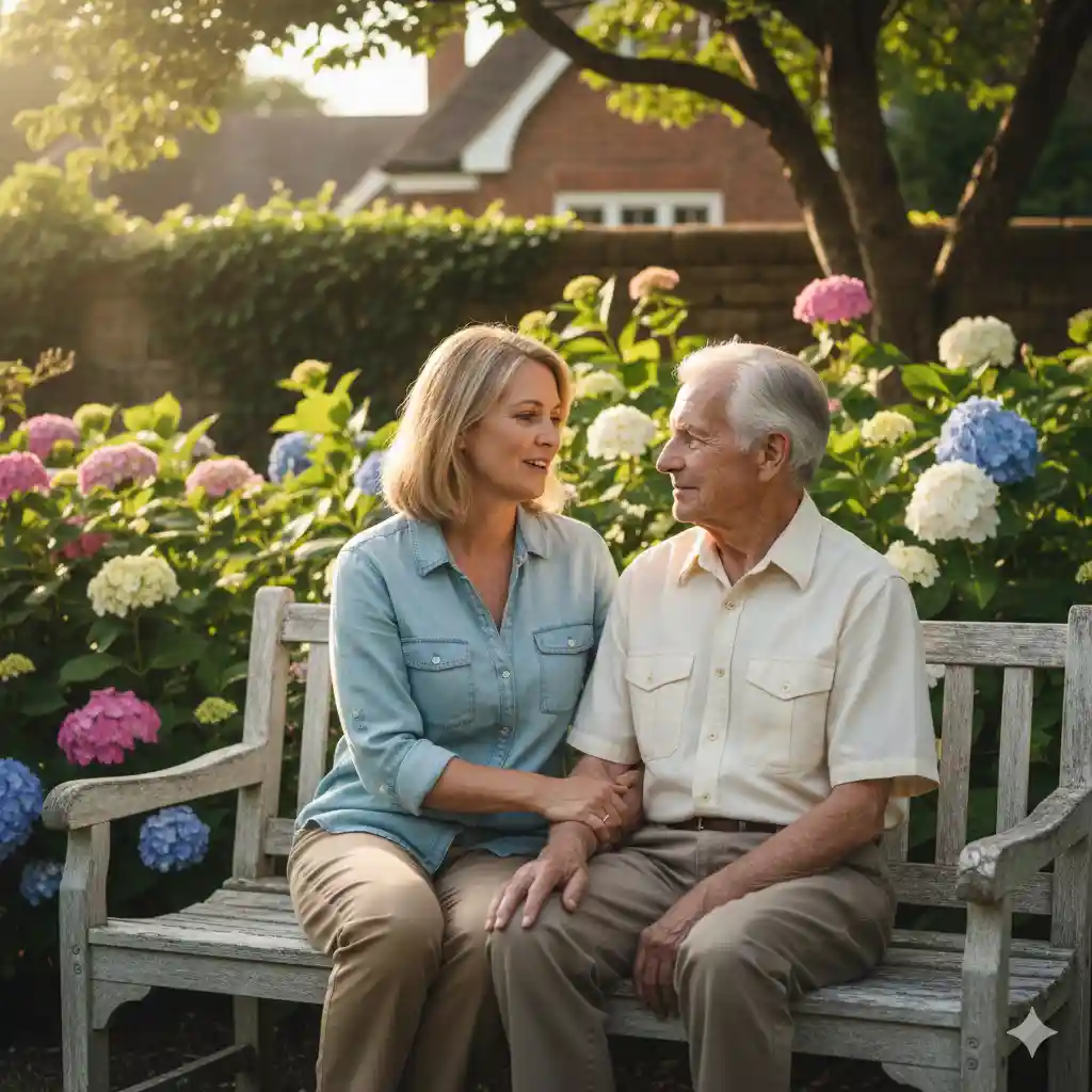 Adult child and parent talking earnestly on a bench