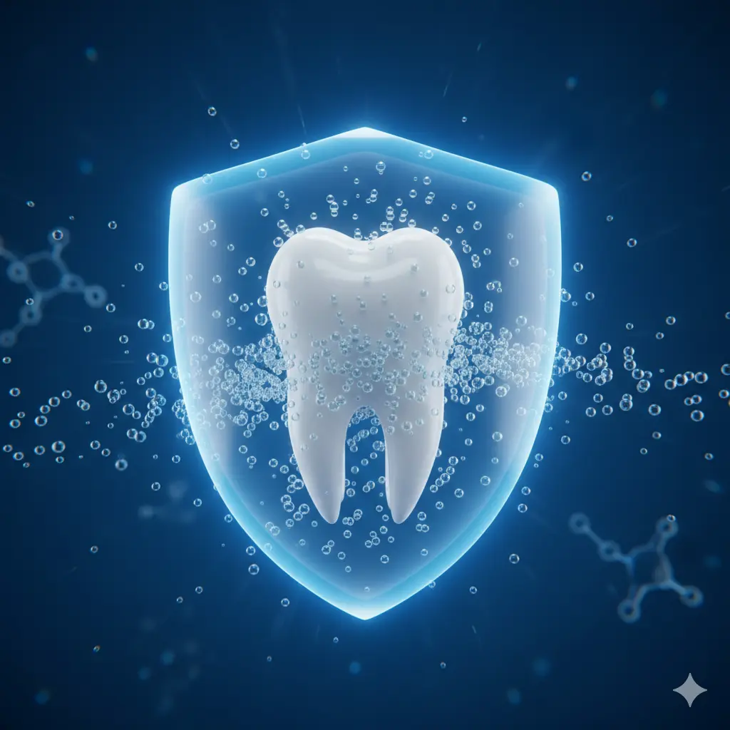 3D render of a tooth with a glowing protective shield