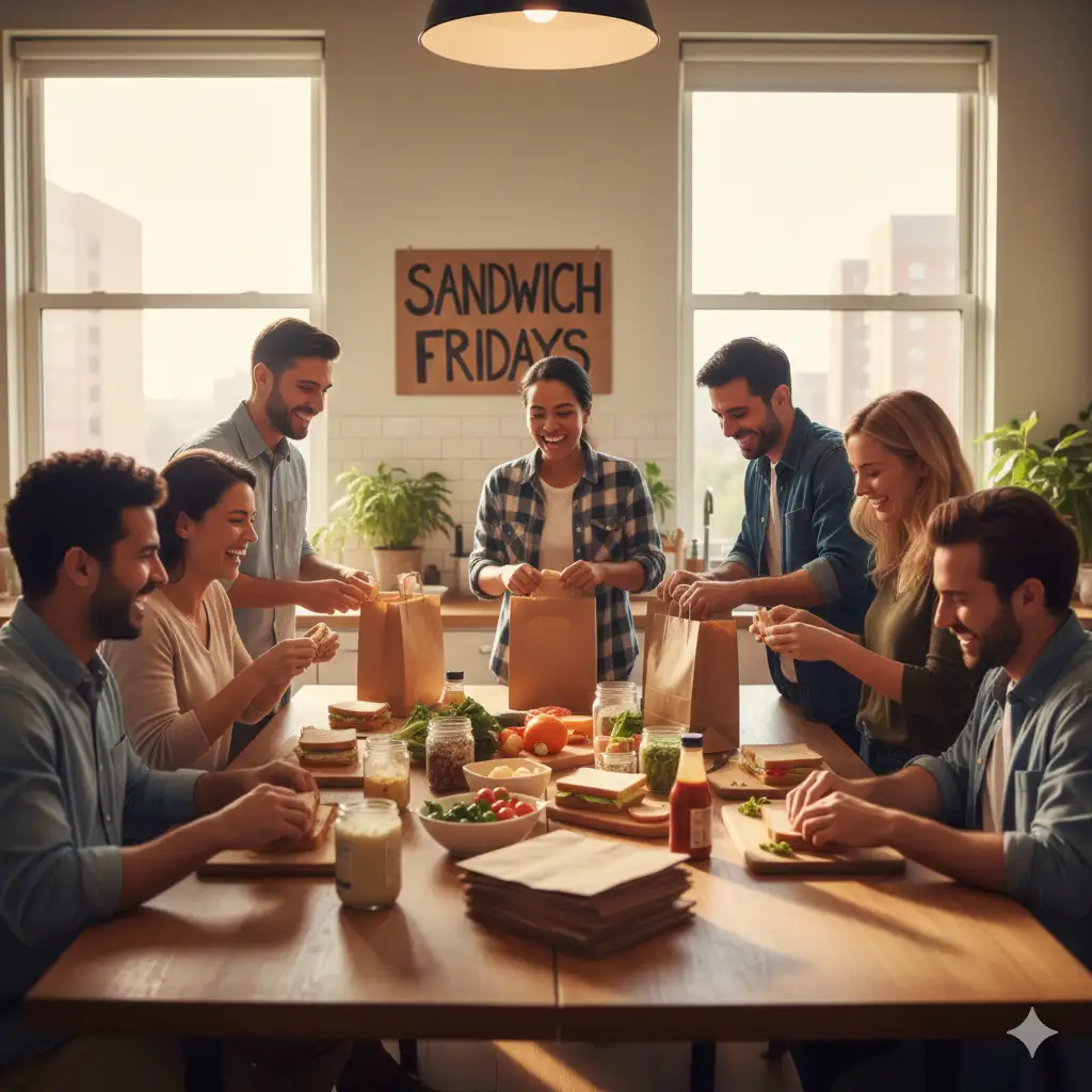 Office coworkers making sandwiches together in kitchen for charity