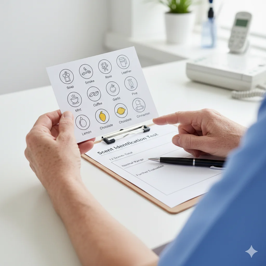 Close-up of hands using a scratch-and-sniff smell test card in a doctor’s office with a checklist of common scents