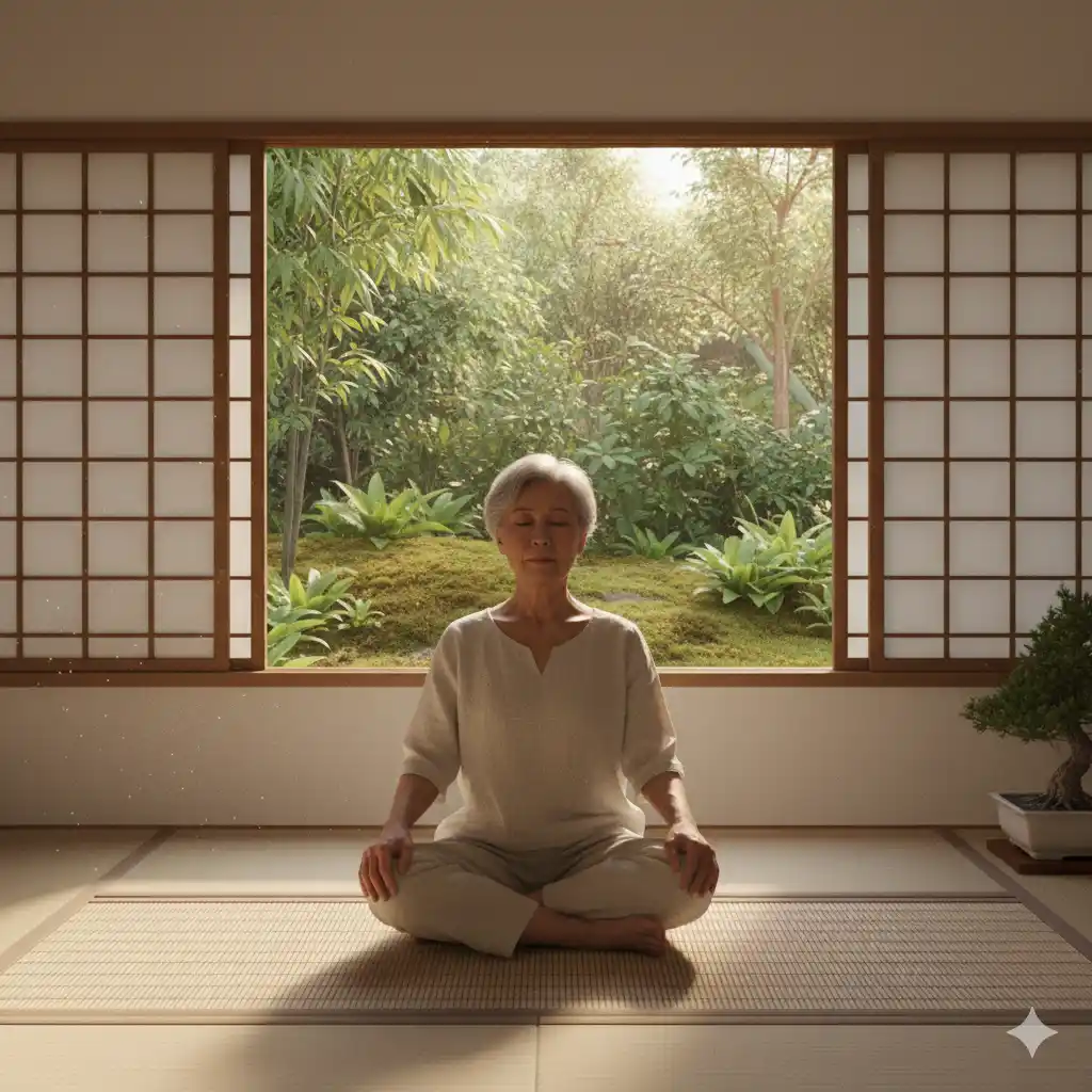 An older person practicing yoga and deep breathing