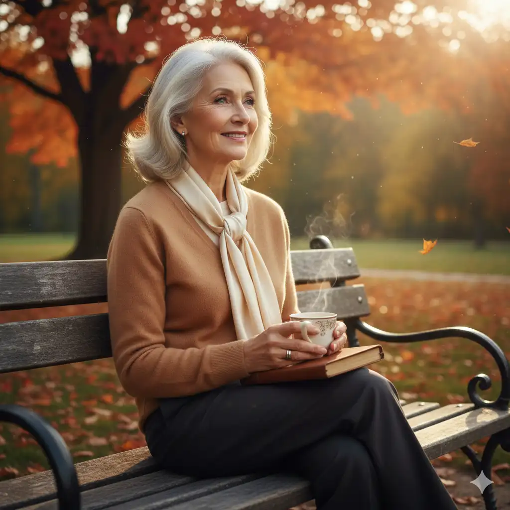 A graceful older woman smiling peacefully in a golden park setting