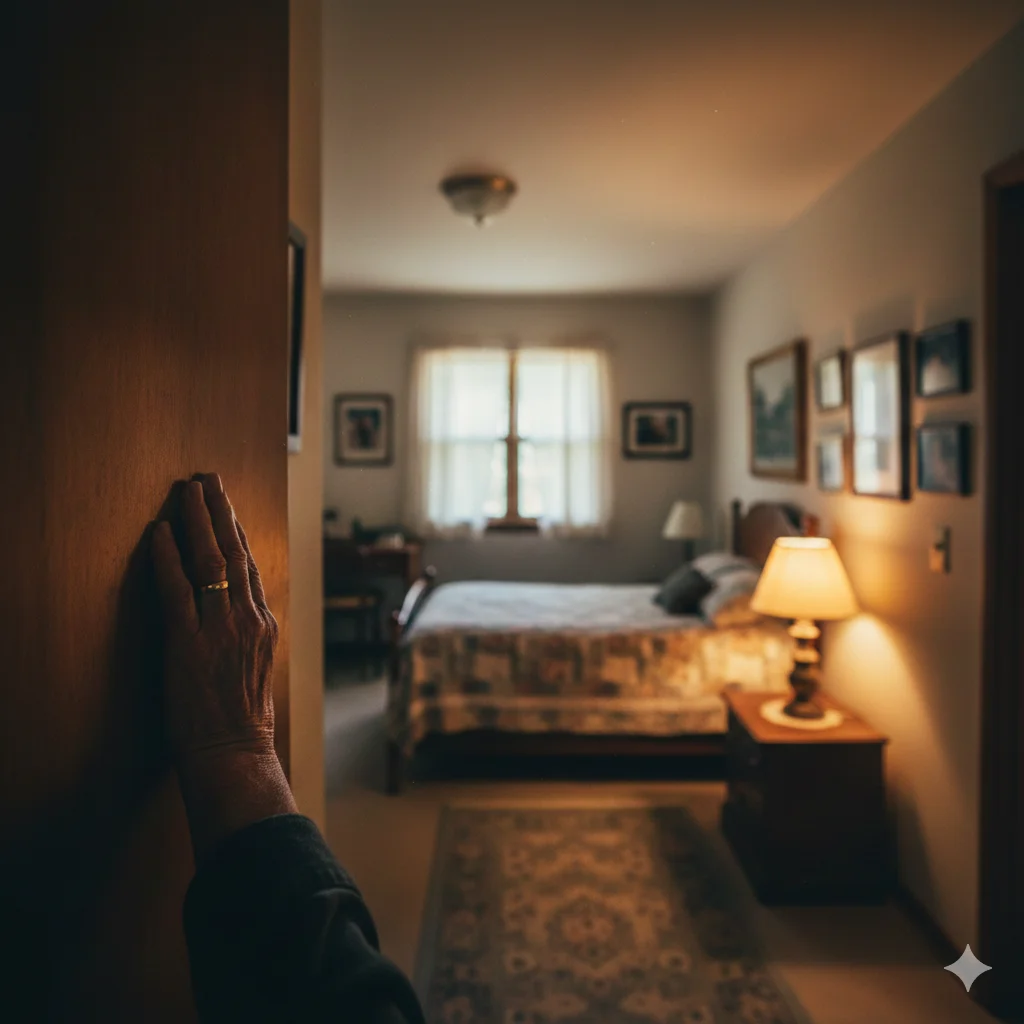 An older parent looking into an empty, quiet room