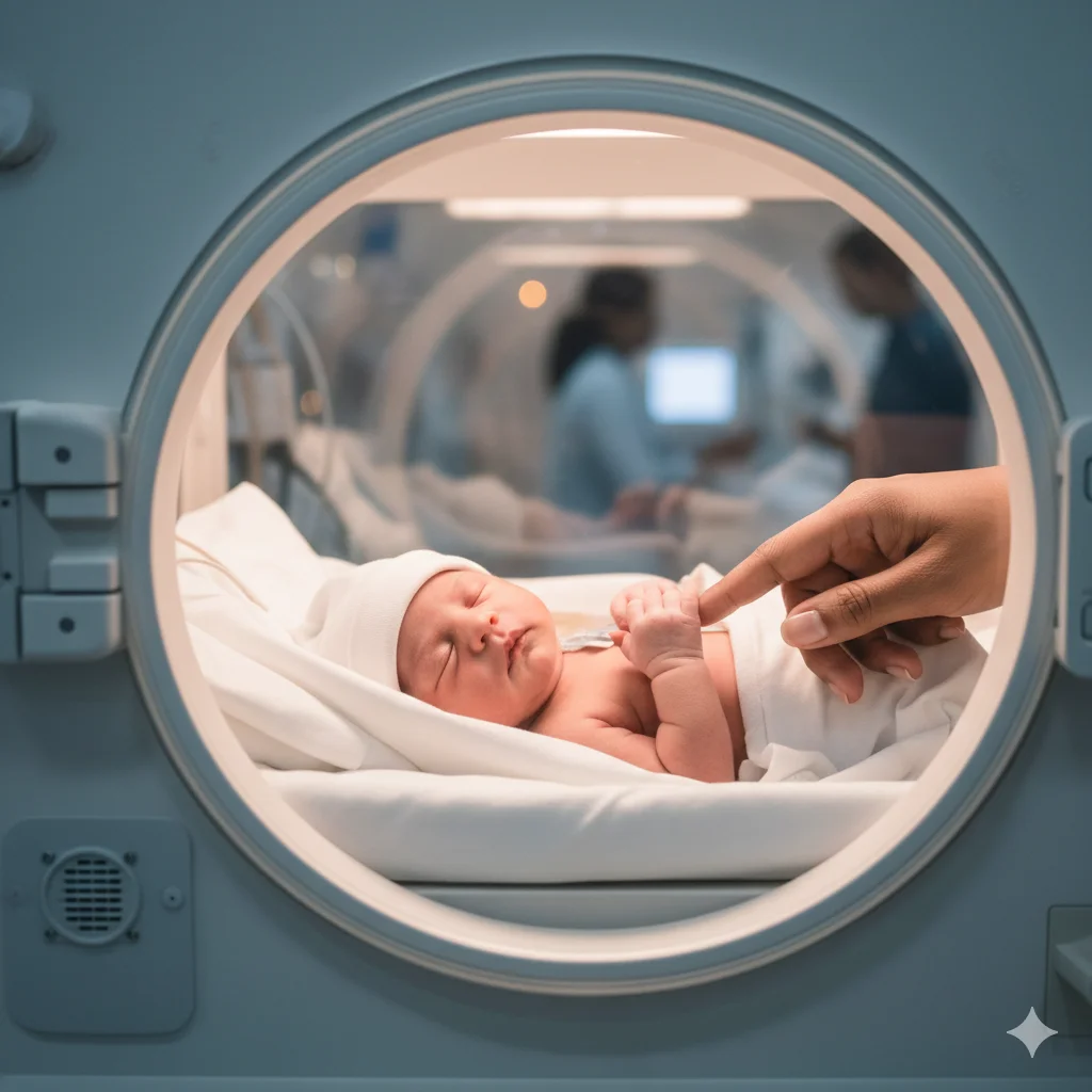 A tiny premature baby resting in an incubator while a parent gently touches her hand, showing perseverance