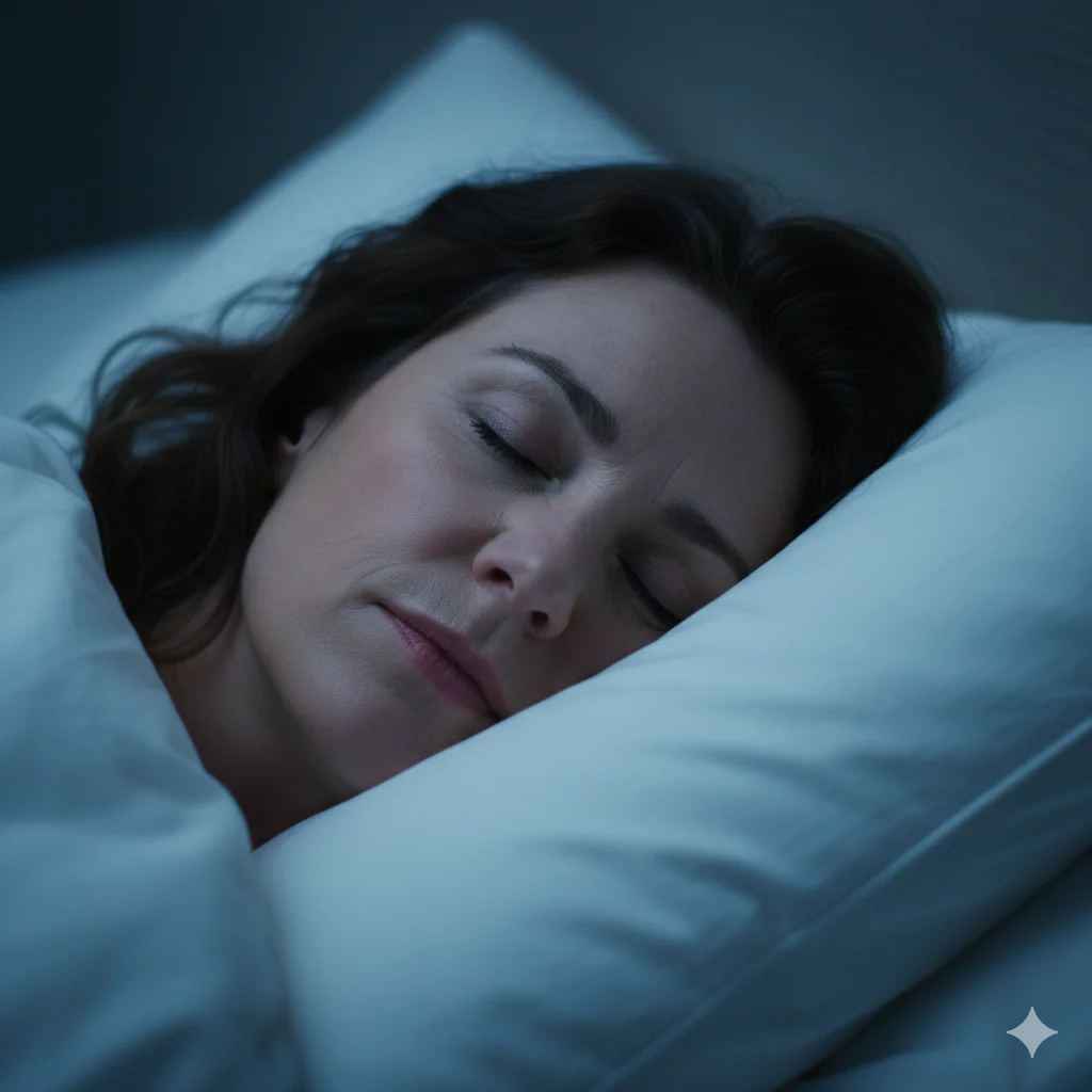 Women sleeping peacefully on her side in blue light