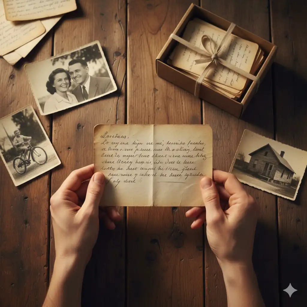 Hands sorting through old letters and photos on a table