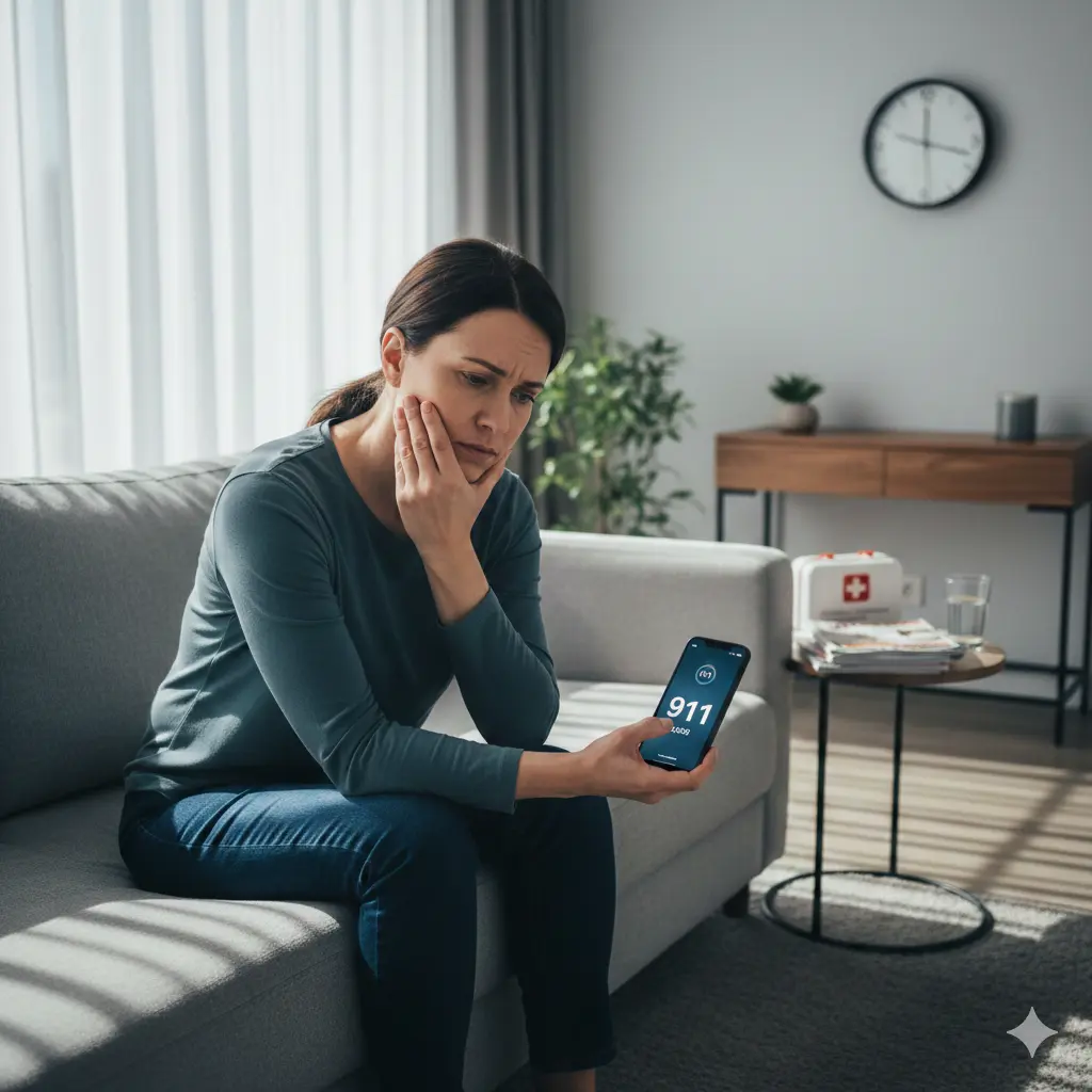 Person noticing numbness and preparing to call for medical help