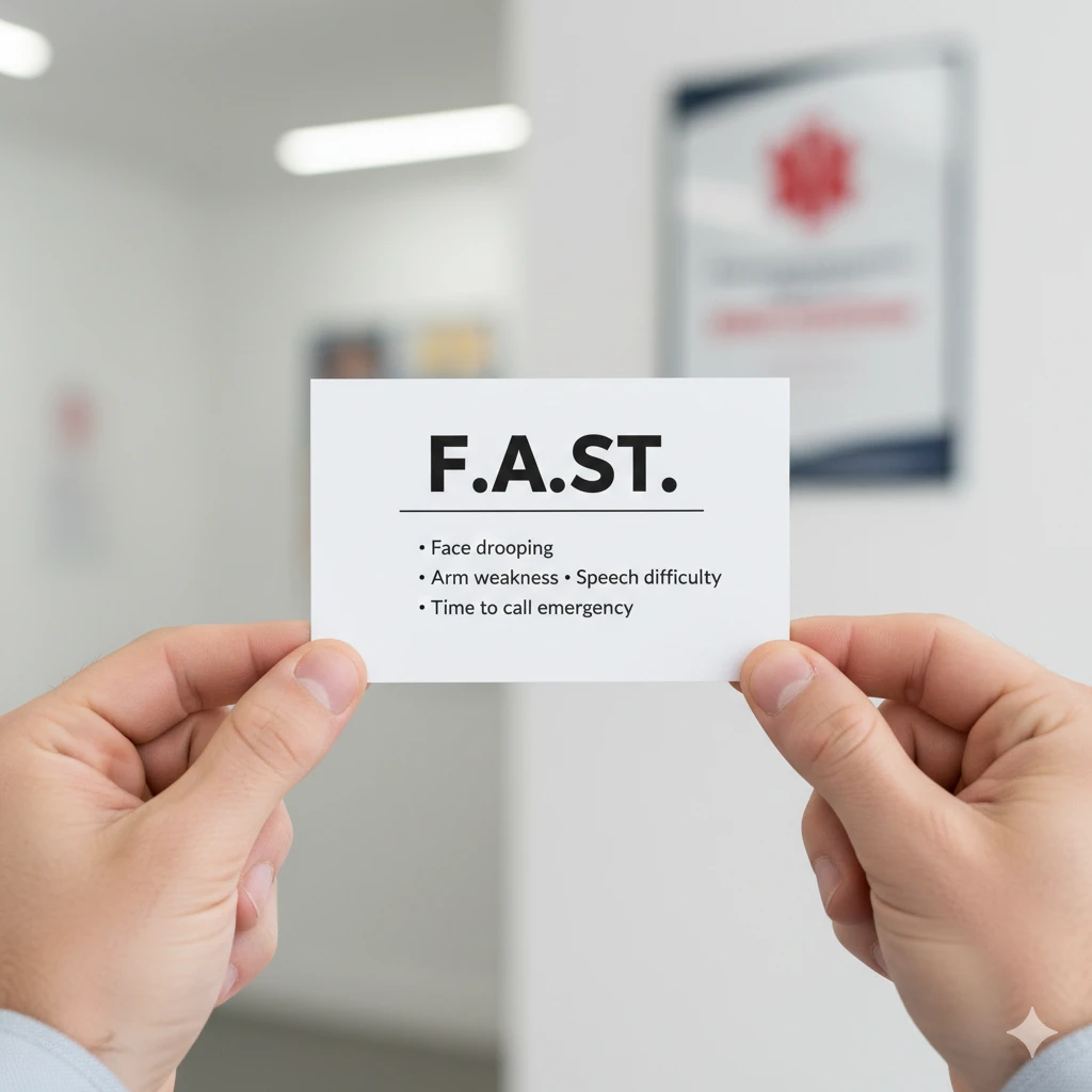 Hands holding a FAST stroke warning card encouraging immediate emergency action