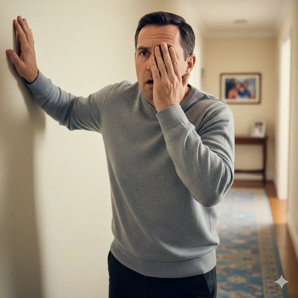 Person experiencing dizziness and vision disturbance while holding the wall for balance