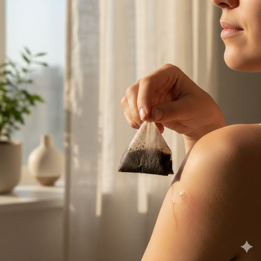 Used black tea bag applied gently on sunburned skin for soothing relief