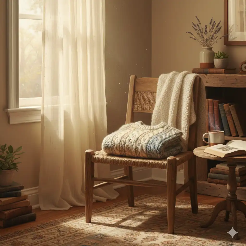 A folded sweater on a chair bathed in sunlight