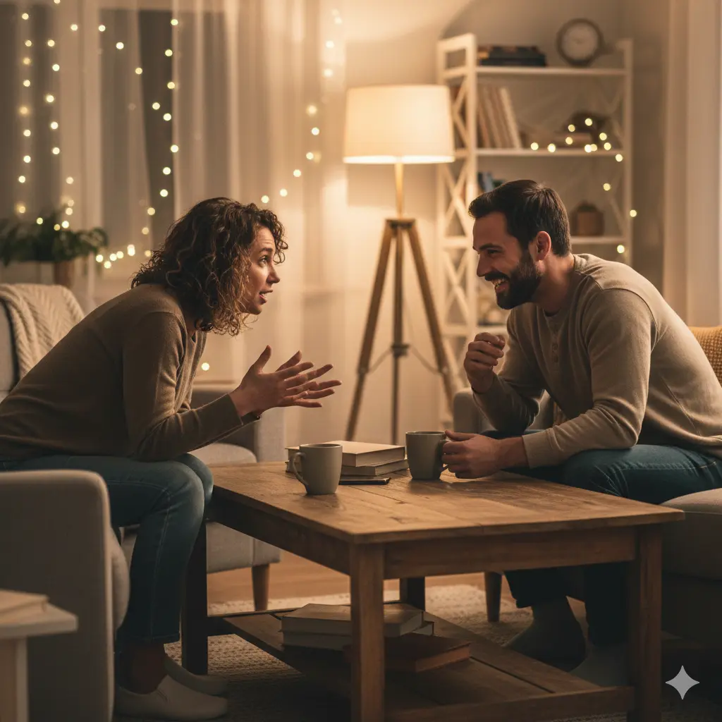 Two friends engaged in expressive conversation