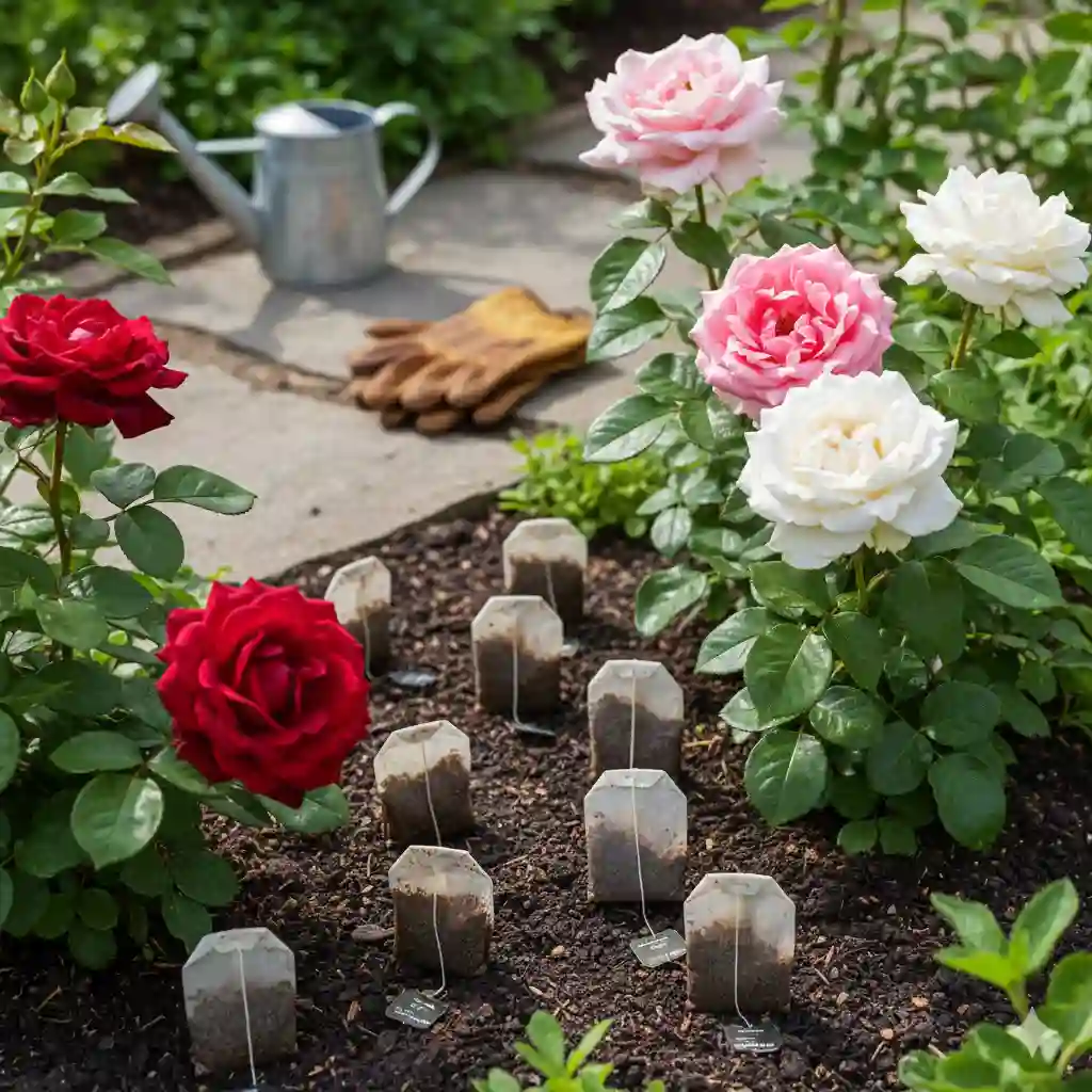 Used tea bags placed around garden plants to enrich soil naturally