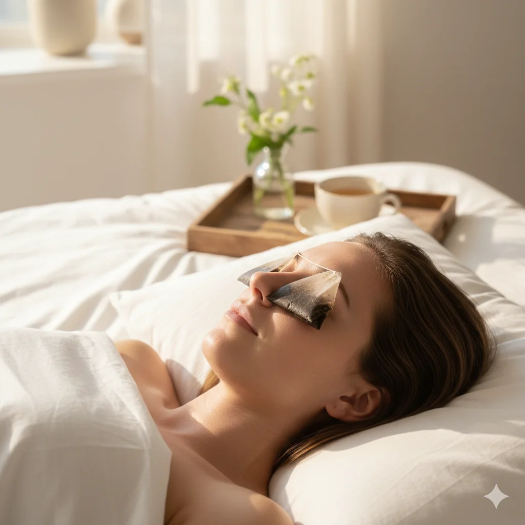 Woman relaxing with chilled tea bags placed over her eyes to reduce puffiness