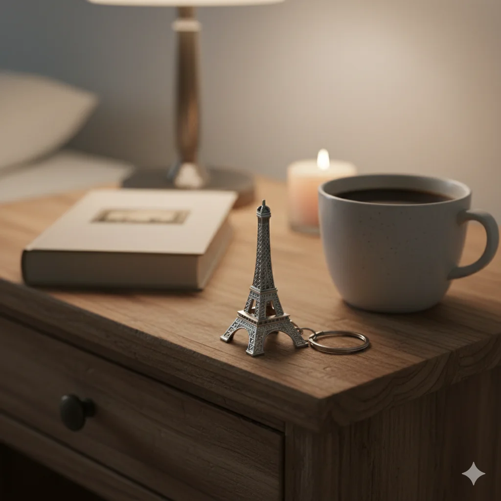 A cheap metal keychain resting on a nightstand next to a coffee cup.