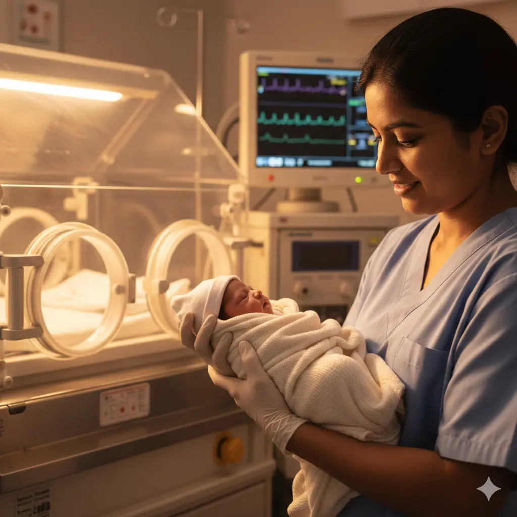 A premature newborn wrapped gently in a NICU setting, symbolizing hope and survival